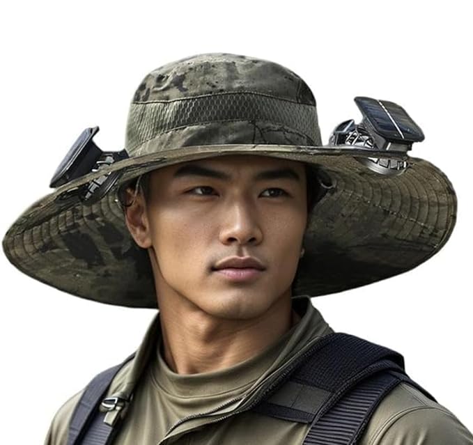 Solar Fan Sun Hat, Wide Brim UPF 50+ Cooling Hat with 2 Solar & USB Powered Fans, Camo Bucket Hat for Outdoor Fishing Hiking Camping, Gray