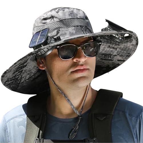 Solar Fan Sun Hat, Wide Brim UPF 50+ Cooling Hat with 2 Solar & USB Powered Fans, Camo Bucket Hat for Outdoor Fishing Hiking Camping, Gray