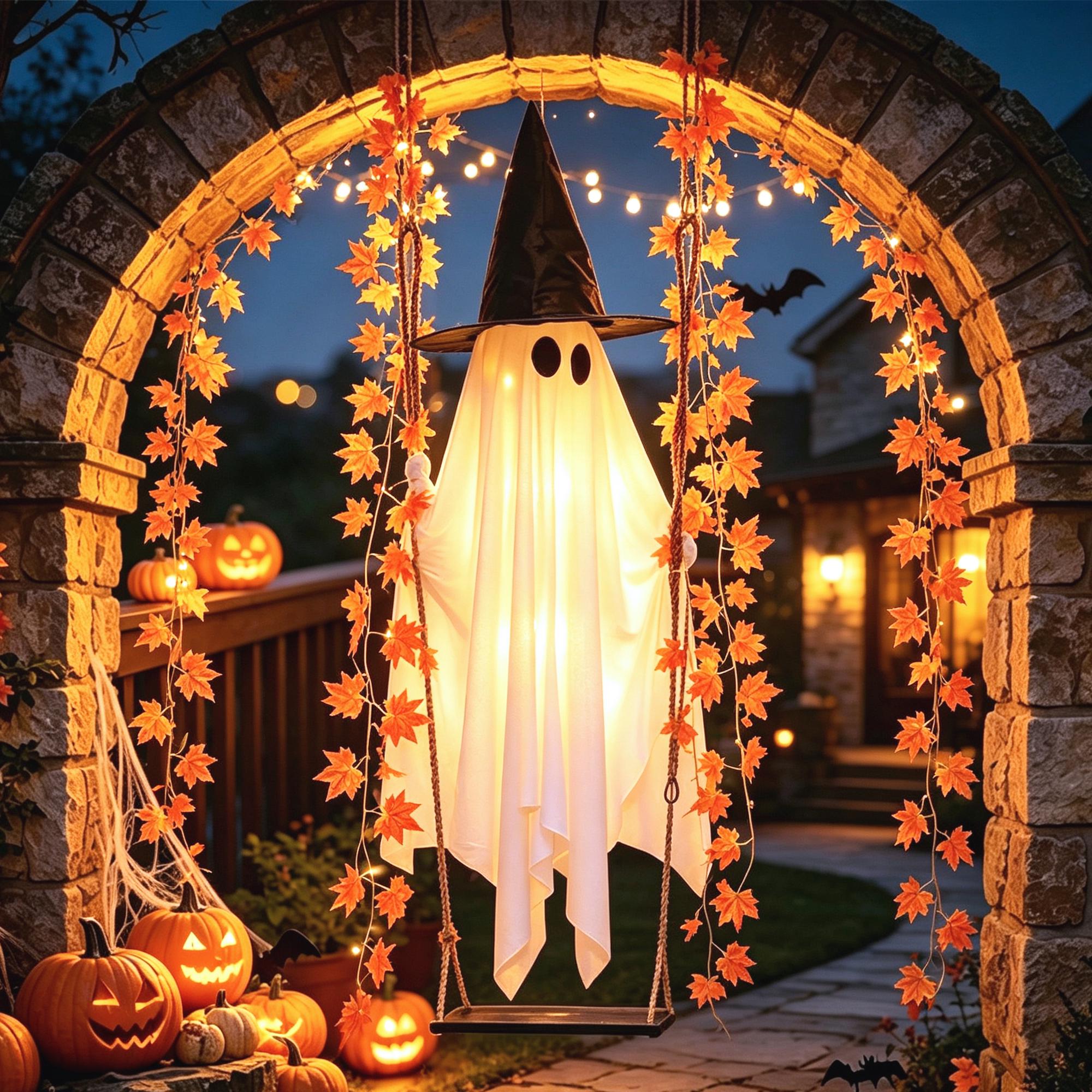 Halloween Ghost Swing Outdoor Decoration – Spooky Witch Hat Hanging Yard Decor