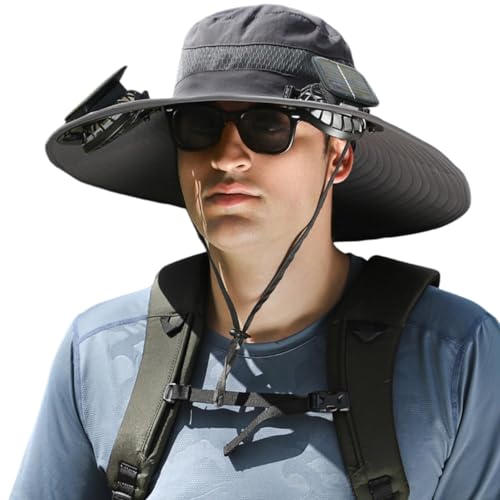 Solar Fan Sun Hat, UPF 50+ Wide Brim Cooling Hat with 2 Solar/USB Powered Fans, Black Bucket Hat for Fishing Hiking Camping