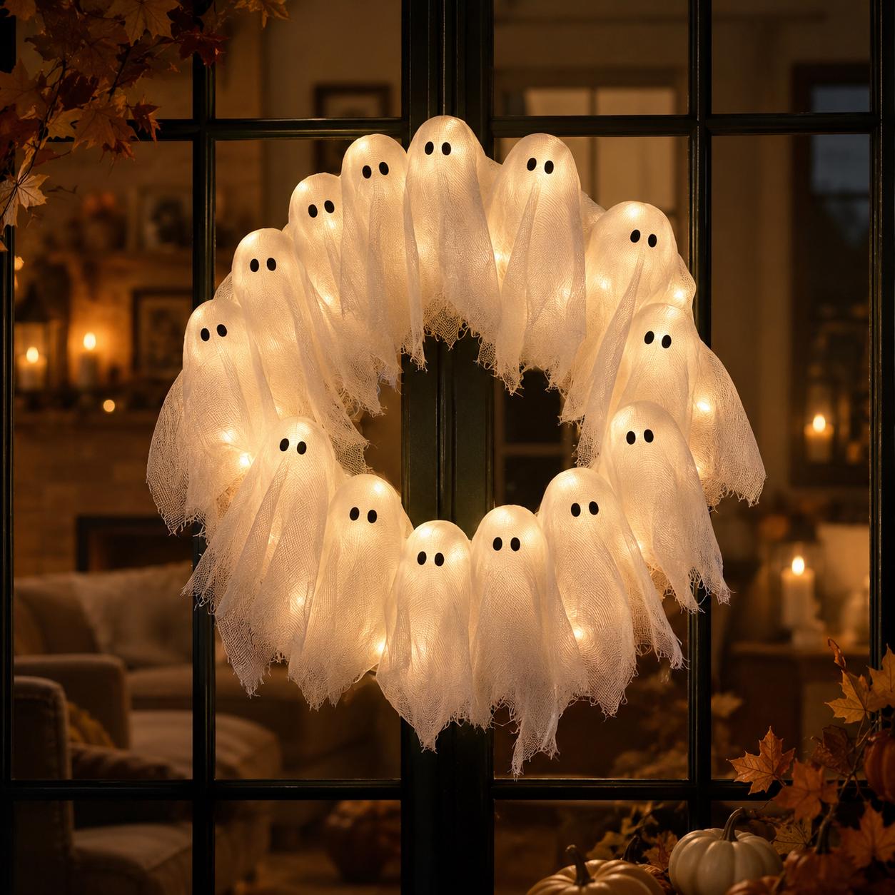 Lighted Ghost Wreath Halloween Door Decor
