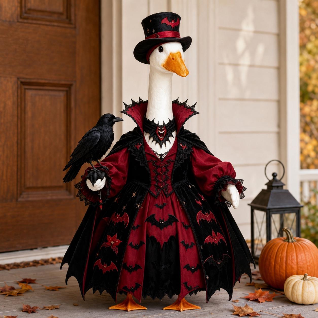 Gothic Vampire Goose Halloween Porch Decor, Goose Statue in Bat Embroidered Victorian Gown with Top Hat & Raven Companion, Dark Academia Halloween Front Door Ornament