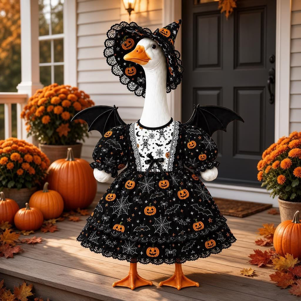 Witch Goose Statue with Bat Wings | Pumpkin Lace Halloween Porch Decor