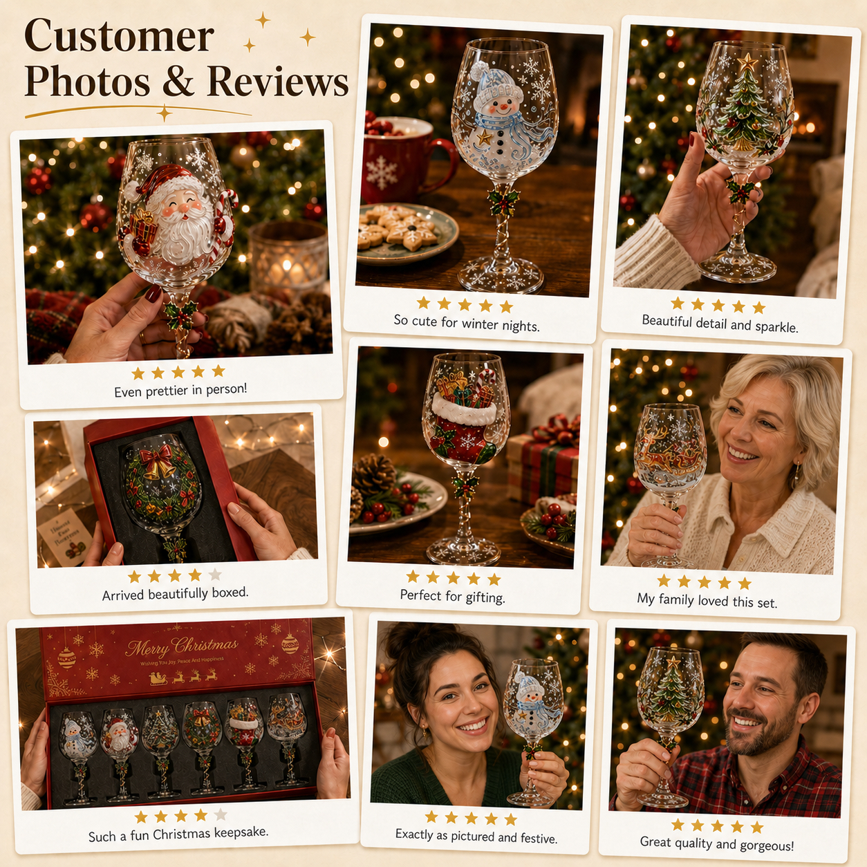 Christmas Hand-Painted Decorative Wine Glasses – Festive Santa, Snowman & Holiday Designs, 6-Piece Gift Set