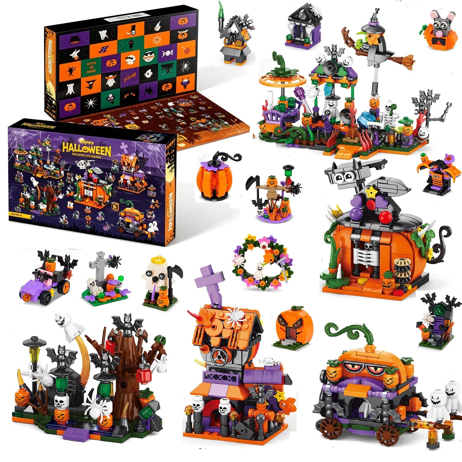 Halloween Building Blocks Set, 24 in 1 Spooky Pumpkin Ghost House Bricks Kit, Creative STEM Construction Toy for Kids, Halloween Party Favors Home Decor Holiday Gift
