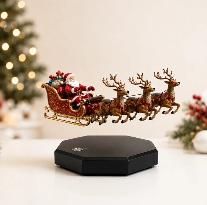 3D Christmas Sleigh Night Light – Flying Santa & Reindeer Illusion Lamp with LED Display Base