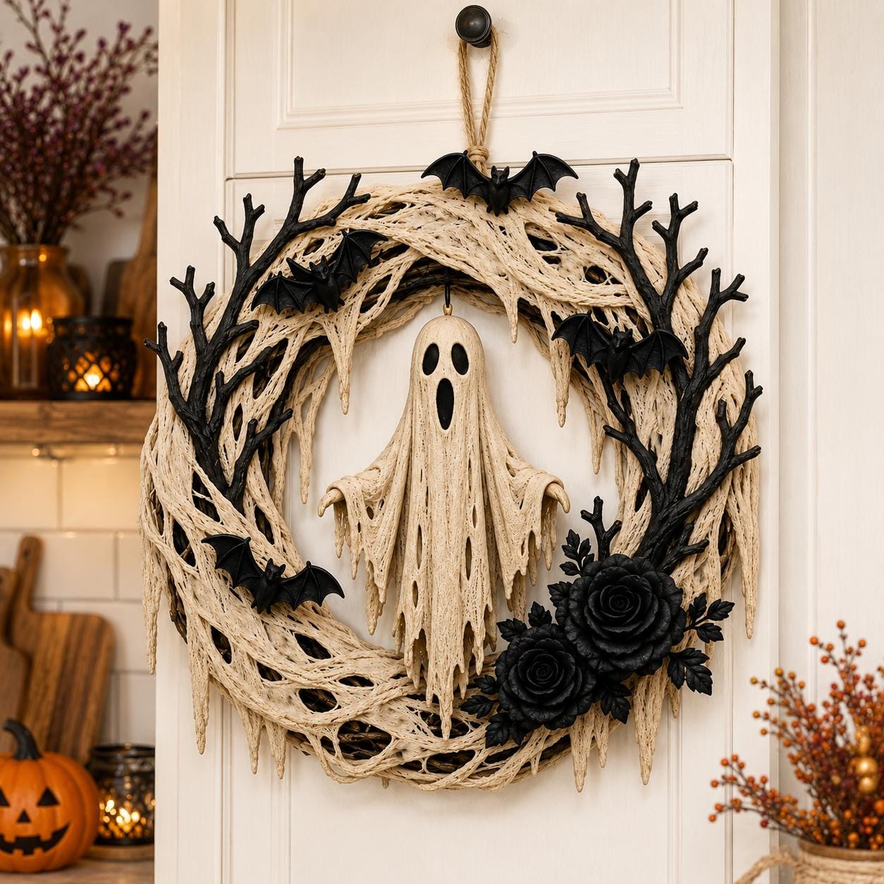Halloween Ghost Wreath – Spooky Bat & Black Rose Front Door Decoration