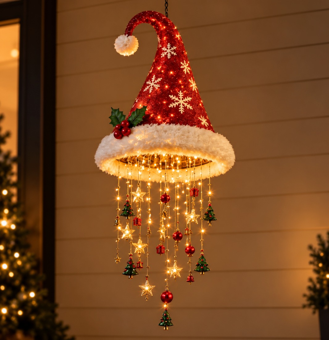 LED Santa Hat Christmas Hanging Light – Festive Holiday Pendant Decoration