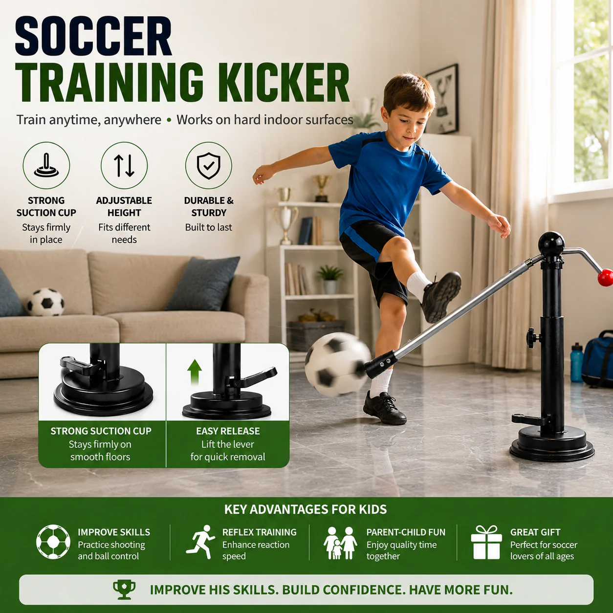 Kids Soccer Training Kicker, Adjustable Height Ball Control Trainer with Strong Suction Cup