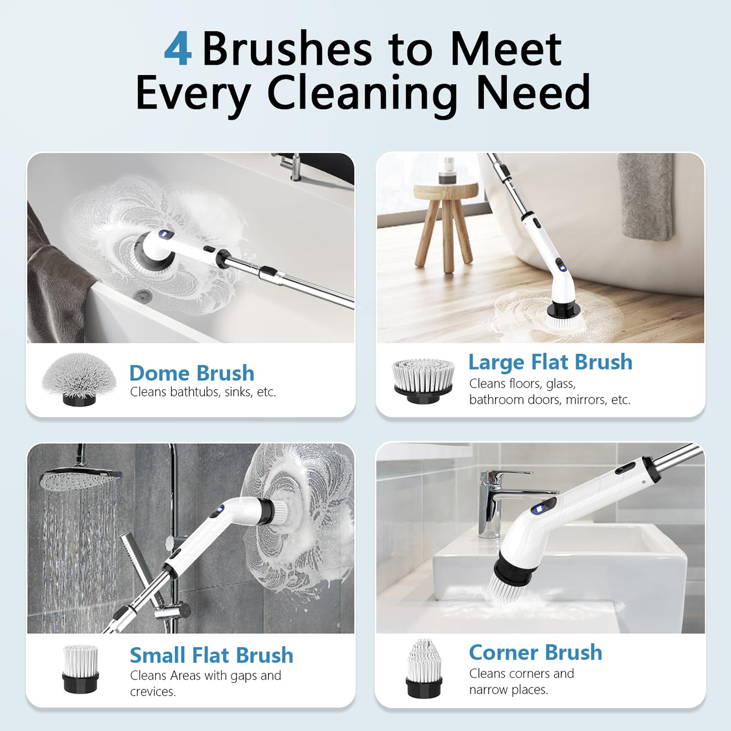 Electric Spin Scrubber, Cordless Cleaning Brush with Extendable Handle & 4 Brush Heads, Waterproof Power Scrubber for Bathroom Kitchen Tile