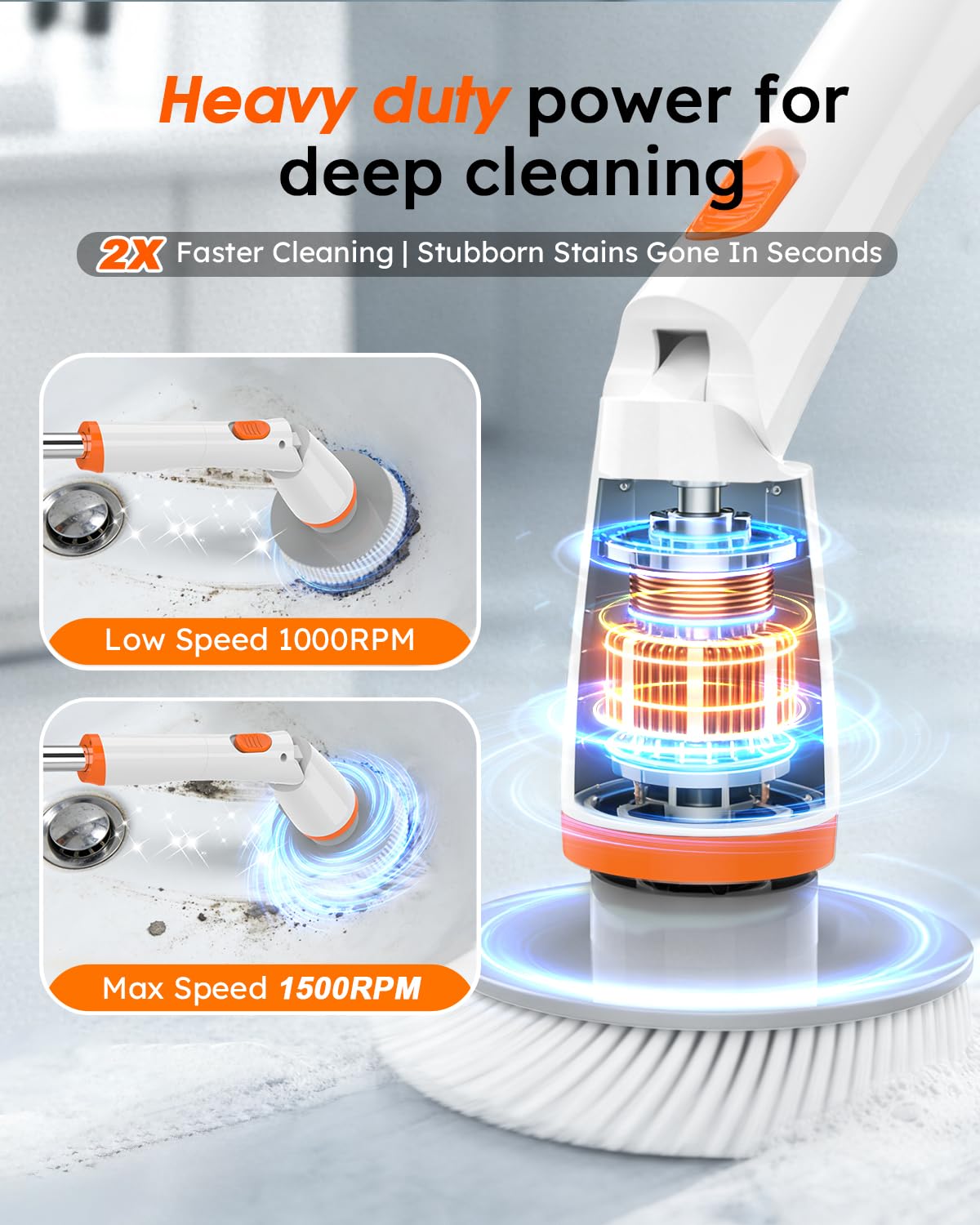 Electric Spin Scrubber, Cordless Cleaning Brush with Extendable Handle & 4 Brush Heads, Waterproof Power Scrubber for Bathroom Kitchen Tile