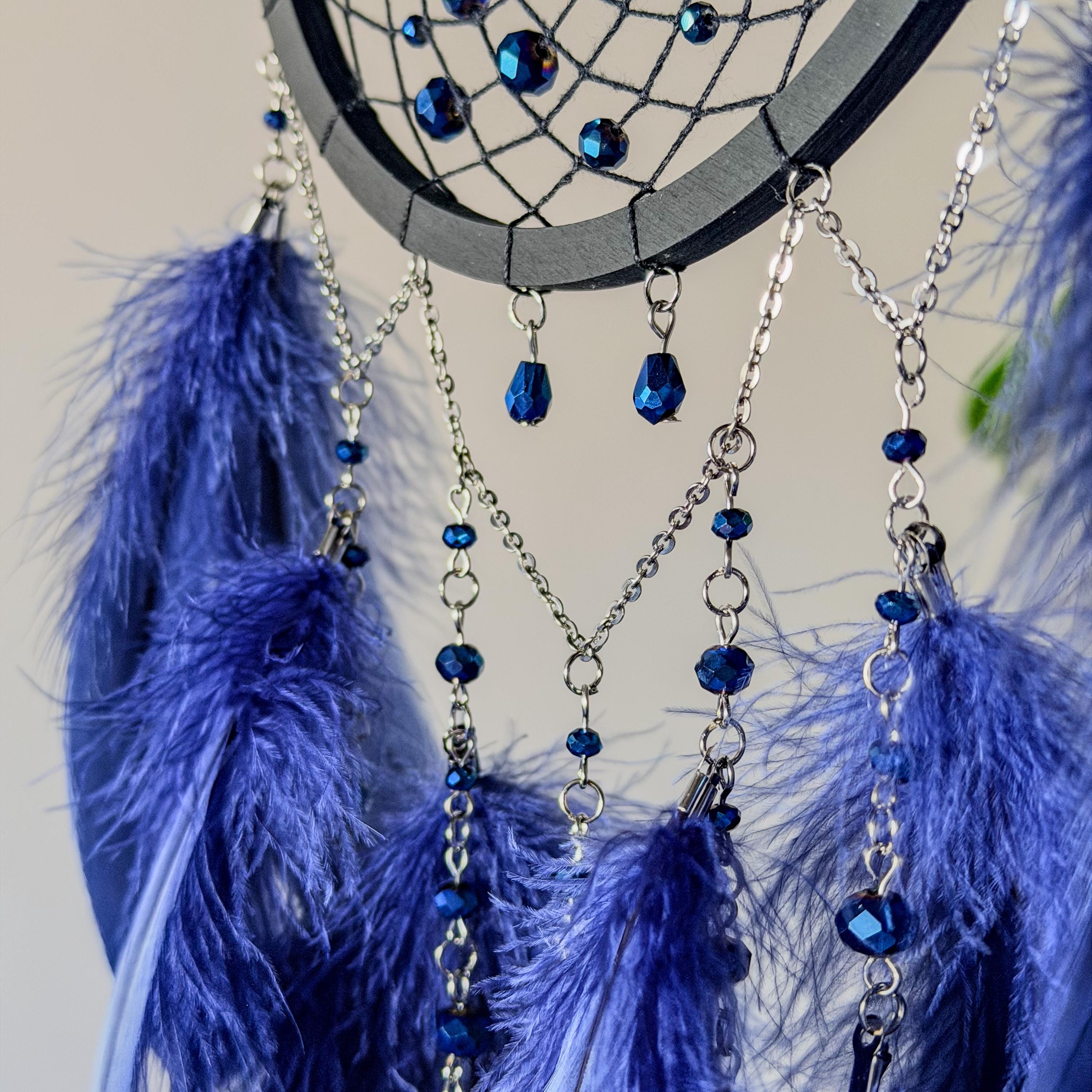 Black Moon Dreamcatcher with Dark Blue Feathers & Crystal Pendant