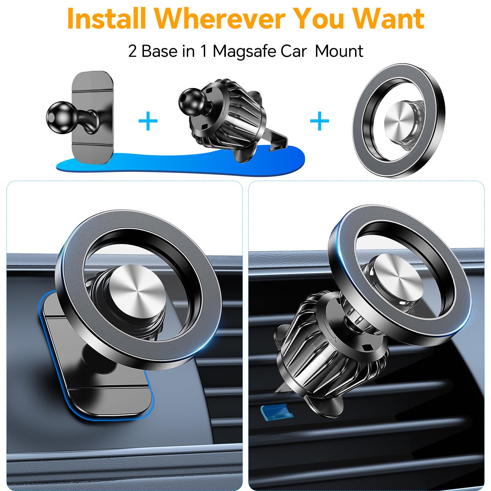 MagSafe Magnetic Car Phone Mount, 2-in-1 Dashboard & Air Vent 360° Rotation Car Holder for iPhone MagSafe Case