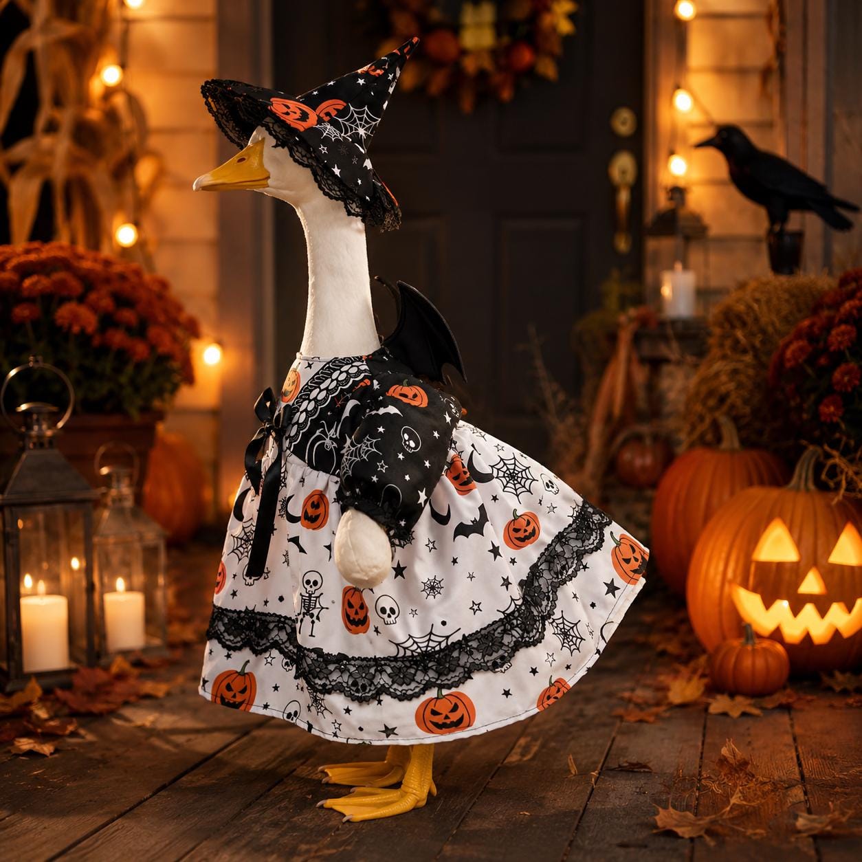 Witch Goose Statue with Bat Wings | Pumpkin Lace Halloween Porch Decor