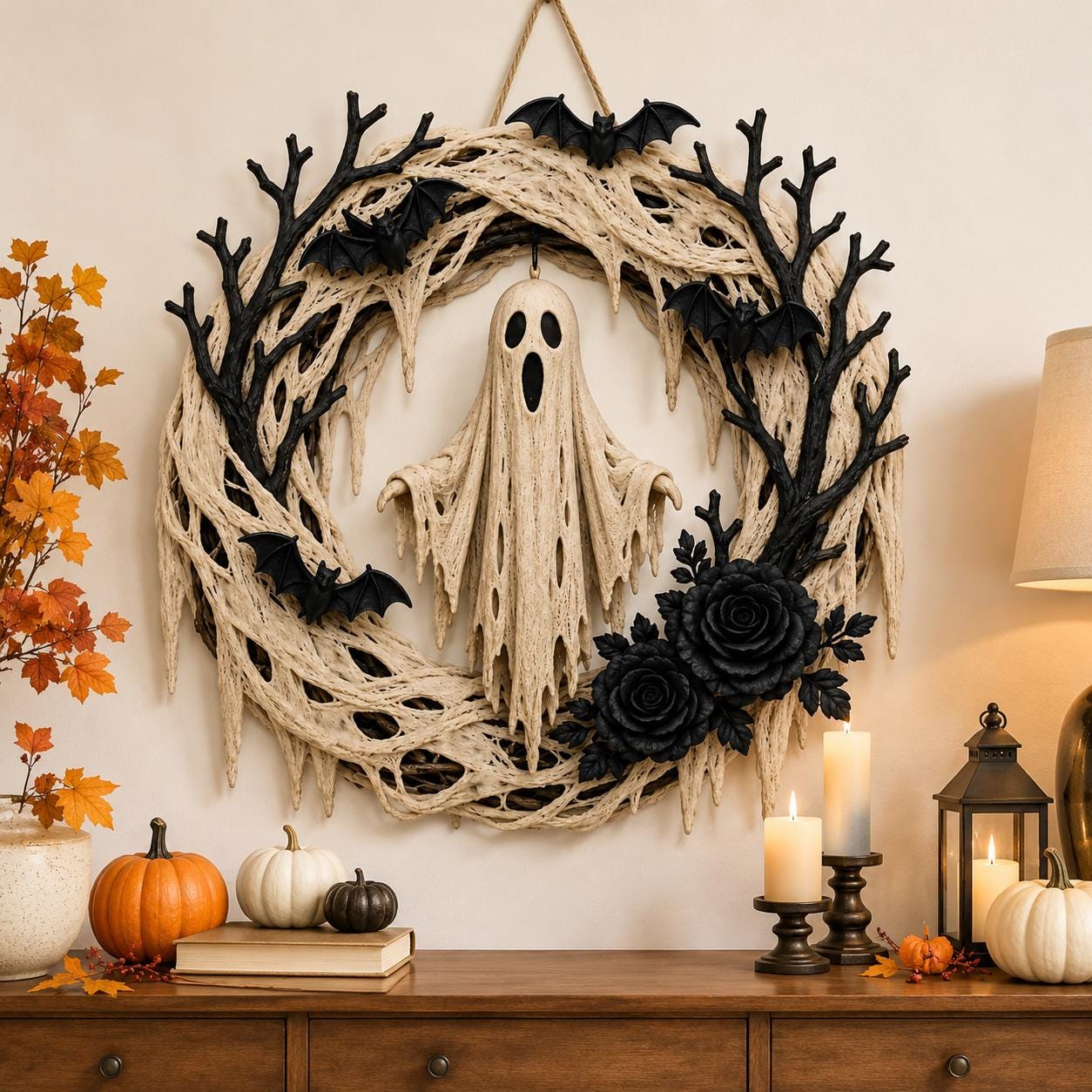 Halloween Ghost Wreath – Spooky Bat & Black Rose Front Door Decoration