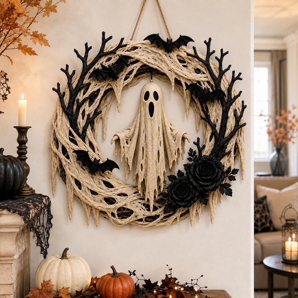 Halloween Ghost Wreath – Spooky Bat & Black Rose Front Door Decoration