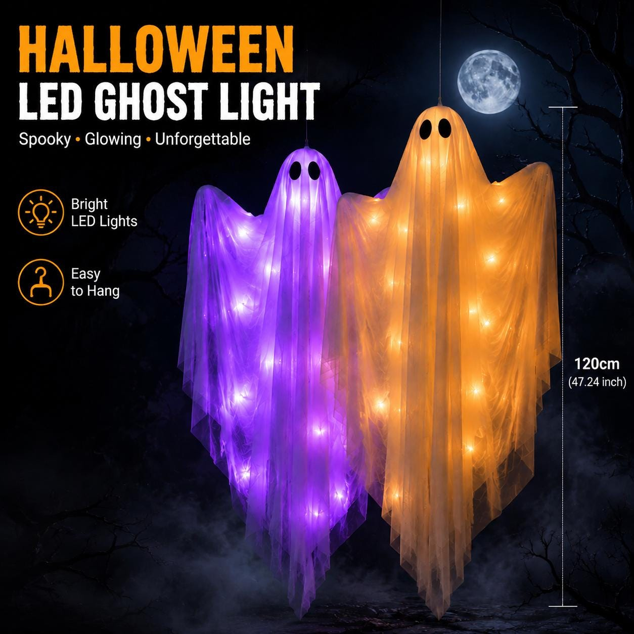 LED Glow Hanging Ghost Halloween Decor | Purple & Warm Light 2 Color Options