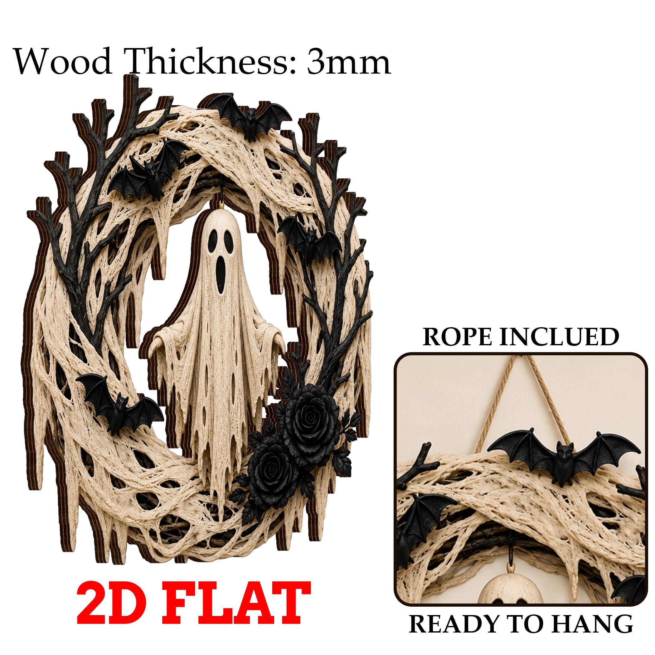 Halloween Ghost Wreath – Spooky Bat & Black Rose Front Door Decoration