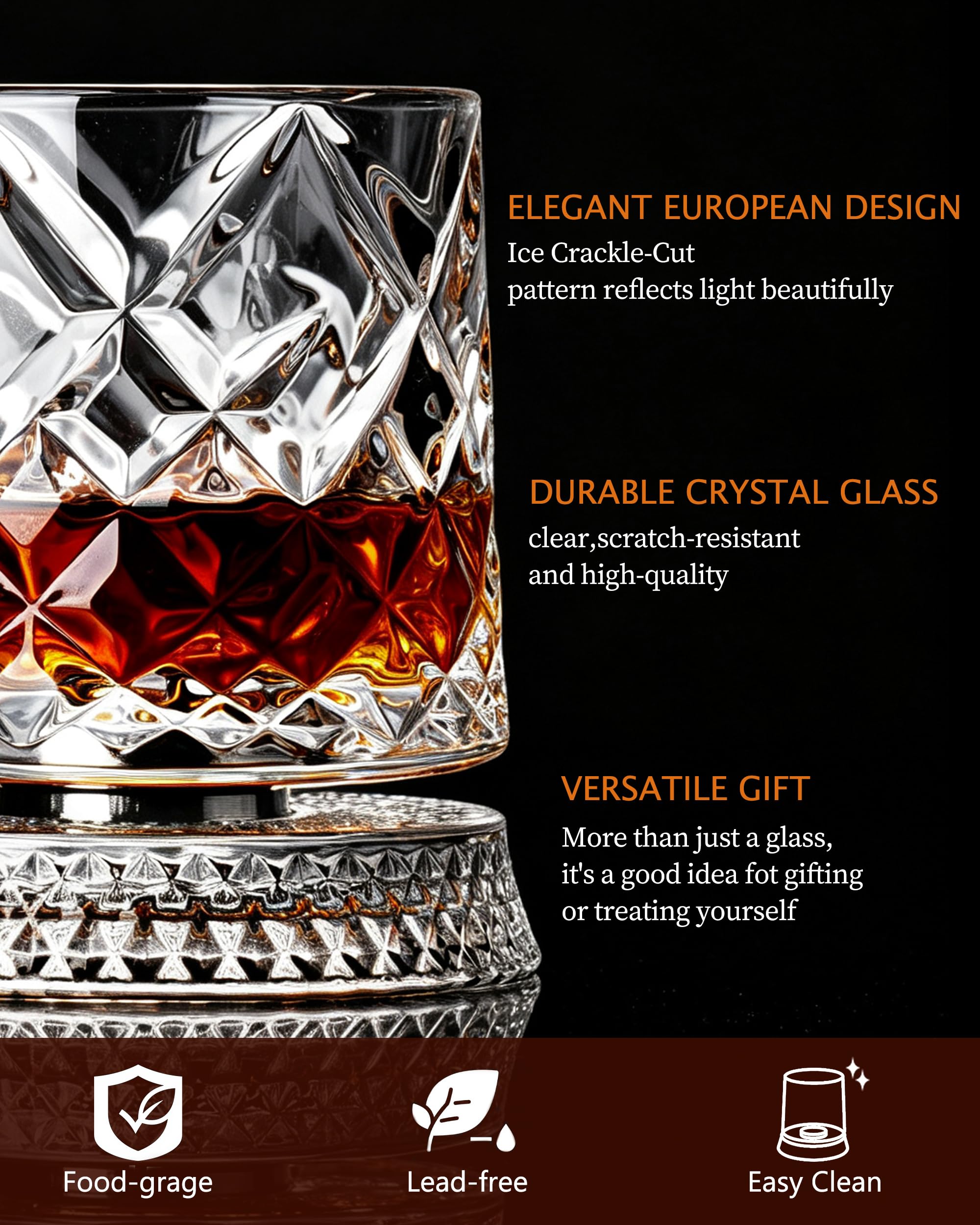 Short：Rotating Diamond Whiskey Glass Set with Ice Ball Molds, 2 Pack Gift Box