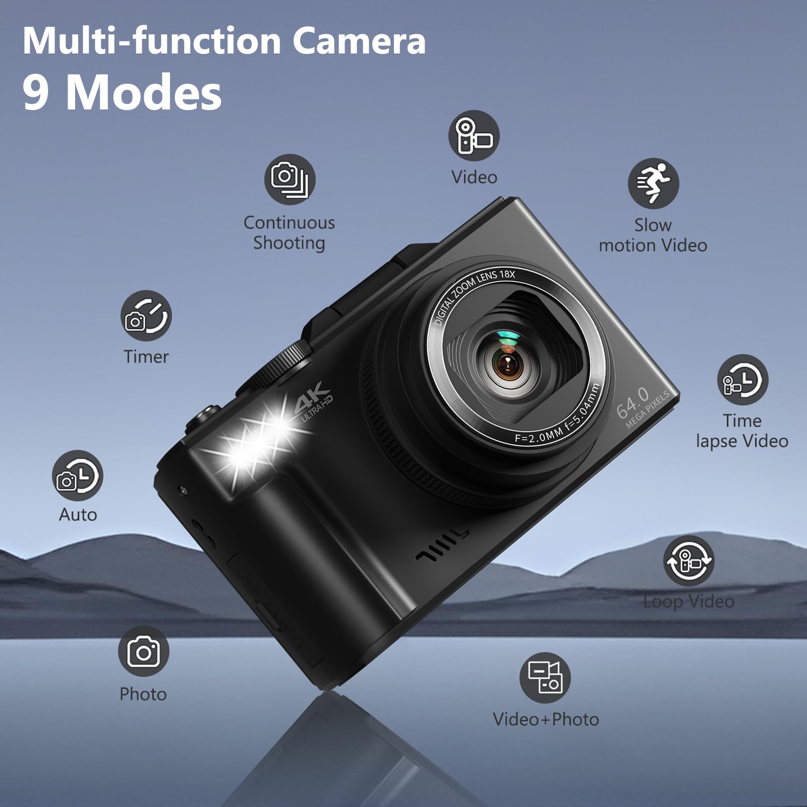 4K Digital Camera, 64MP Flip Screen Vlogging Camera