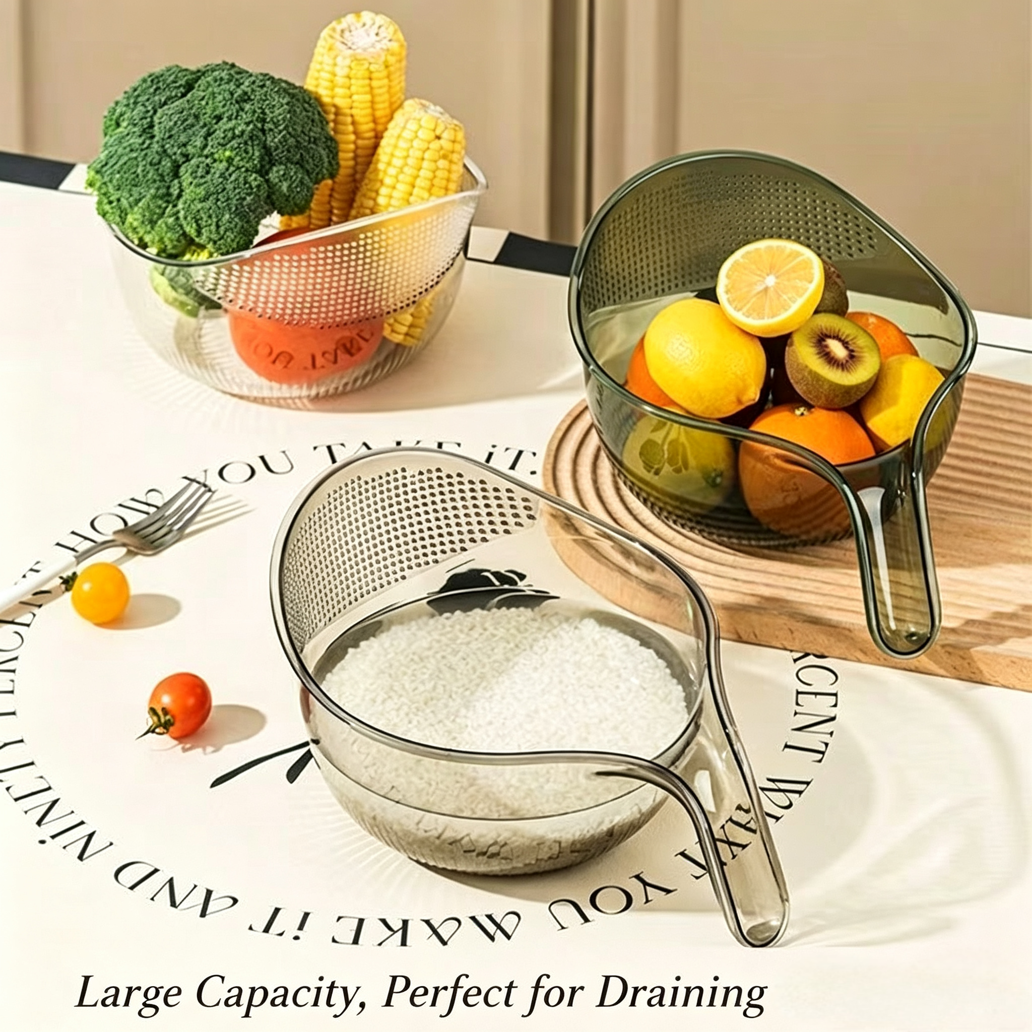 Multi-Purpose Rice Washing Strainer Bowl with Handle