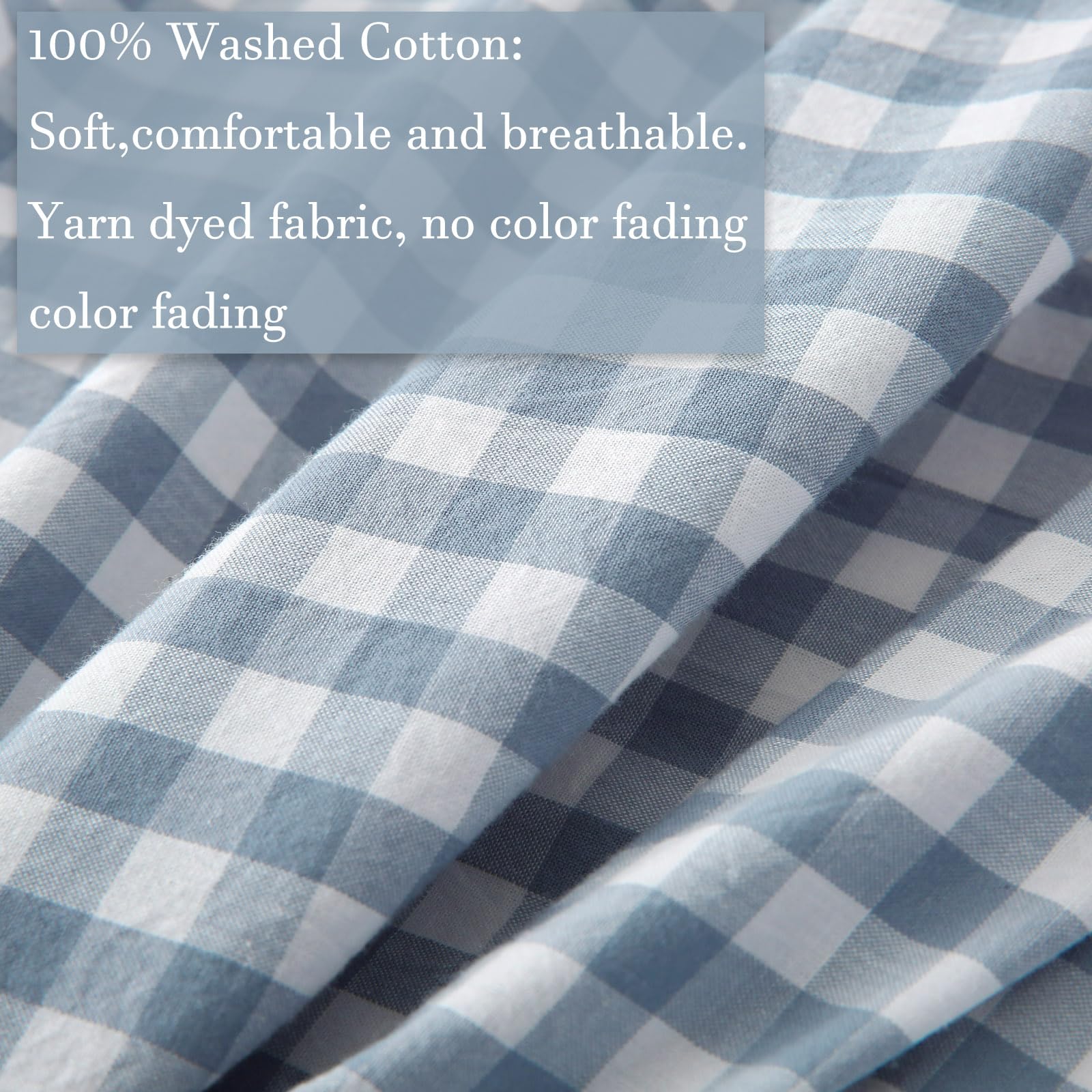 Ruffle Plaid Duvet Cover Set, Soft Washed Cotton Bedding Set with Pillowcases