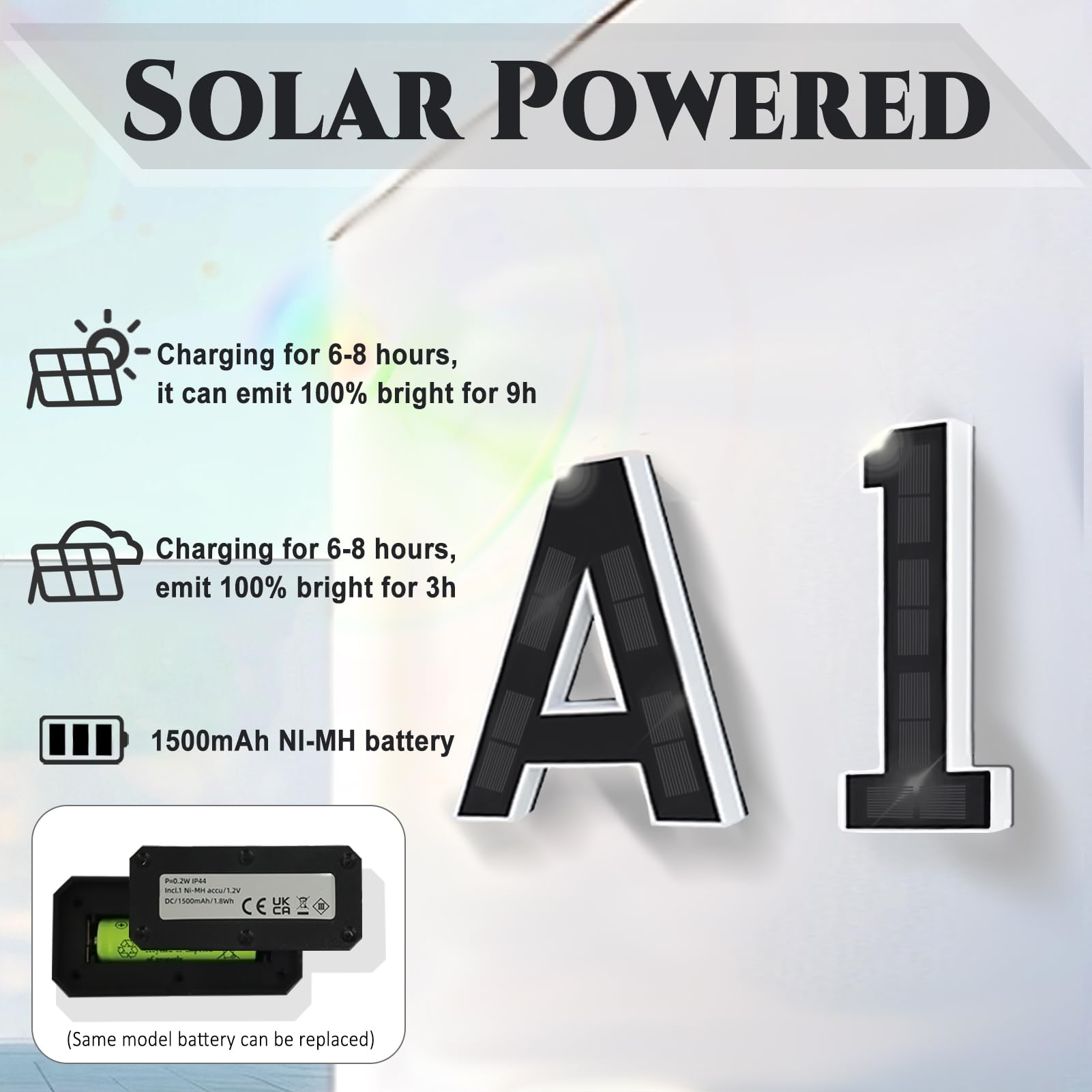 Solar LED House Numbers with Intelligent Light Control, IPX4 Waterproof Illuminated Address Sign
