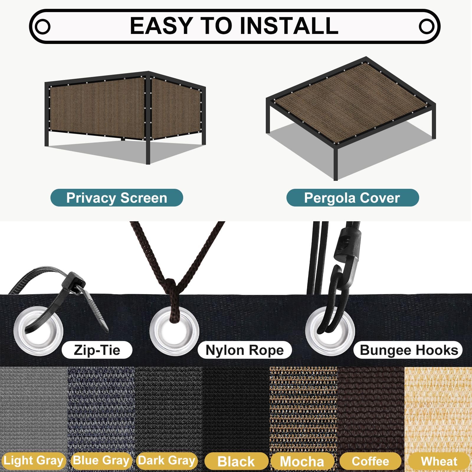 Brown Privacy Screen Shade Cloth with Cable Ties & Bungee Cords