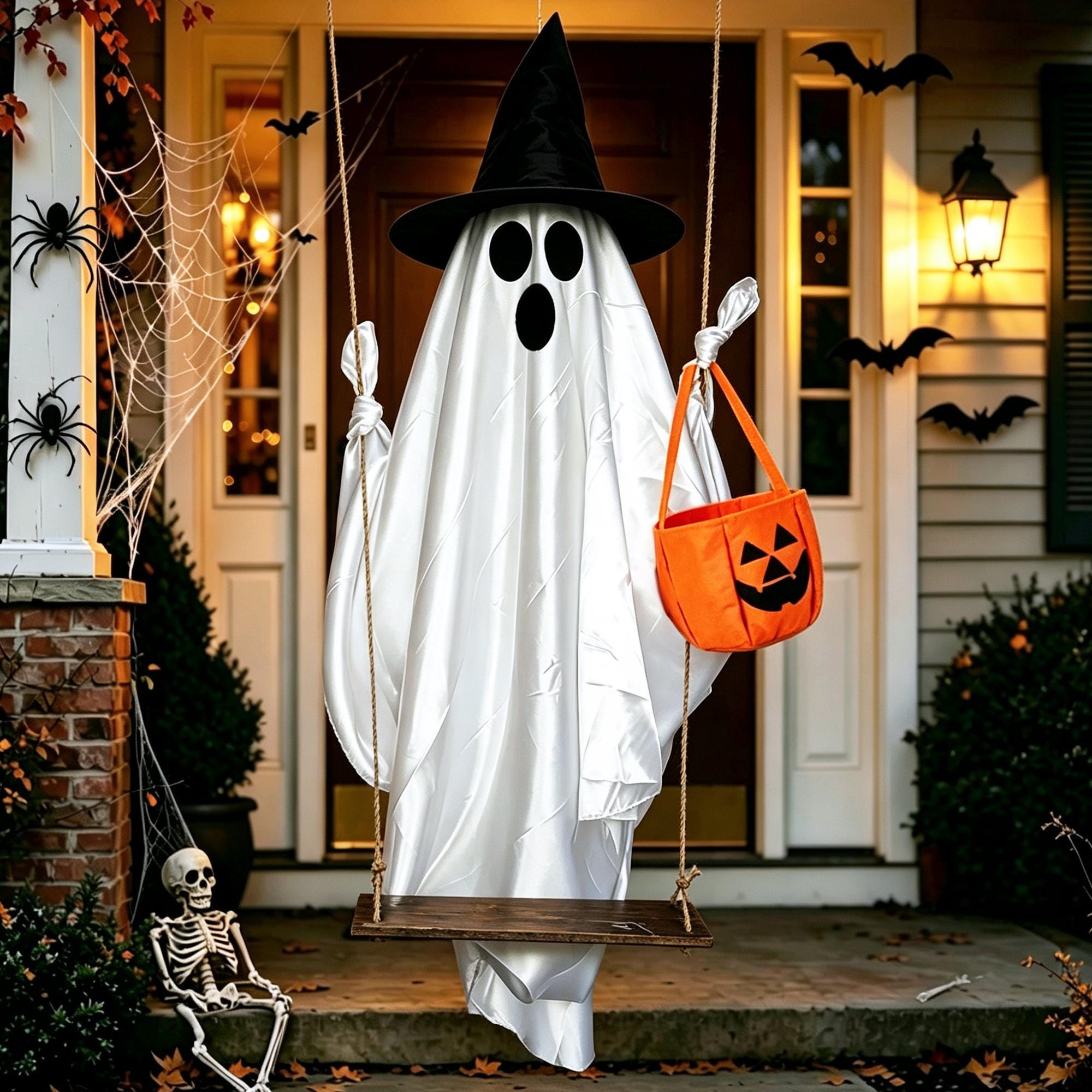 Halloween Swing Ghost Decor with Witch Hat & Pumpkin Candy Bag, Battery Powered Glowing Ghost Hanging Ornament for Yard Porch Party