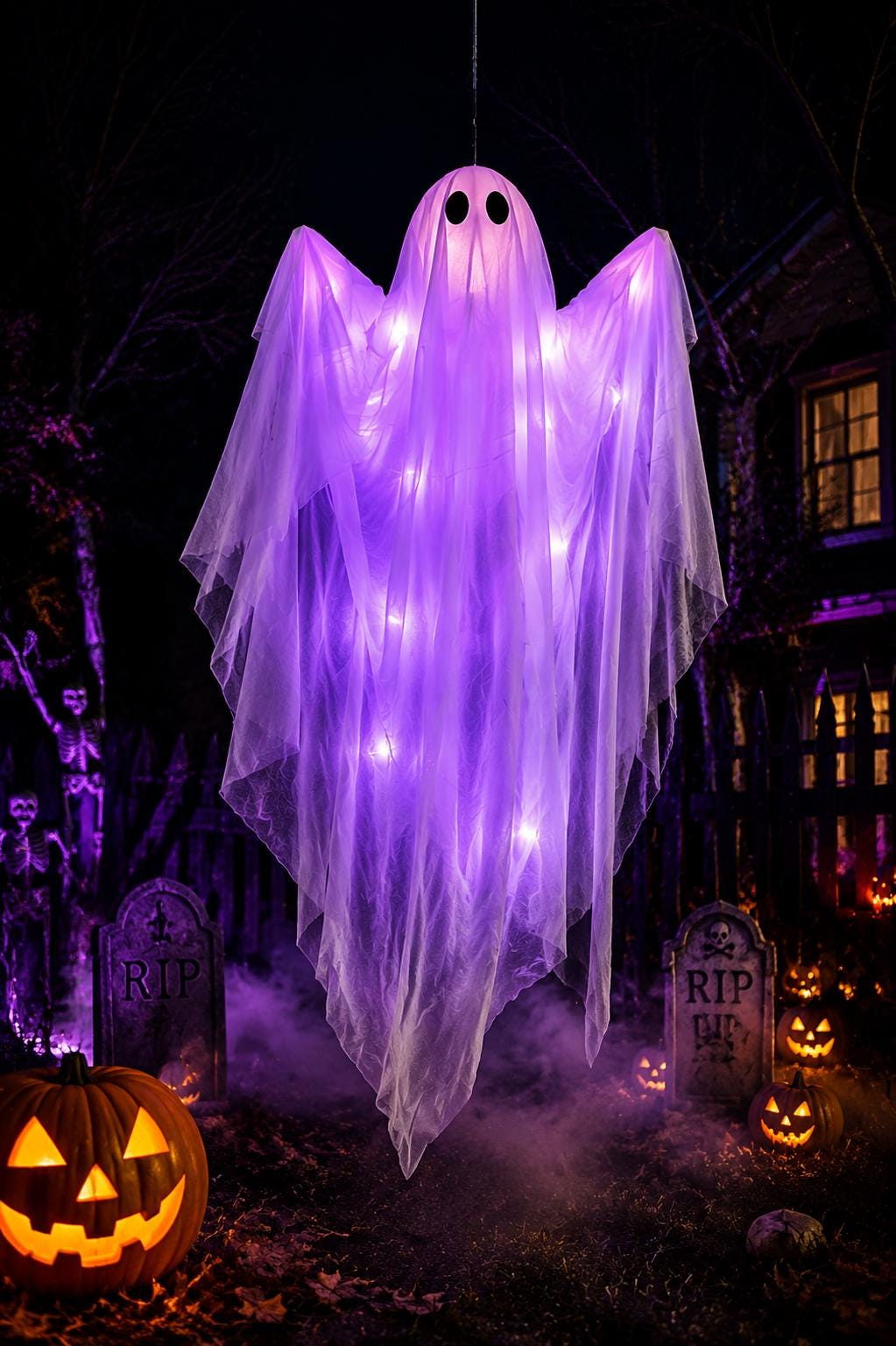 LED Glow Hanging Ghost Halloween Decor | Purple & Warm Light 2 Color Options