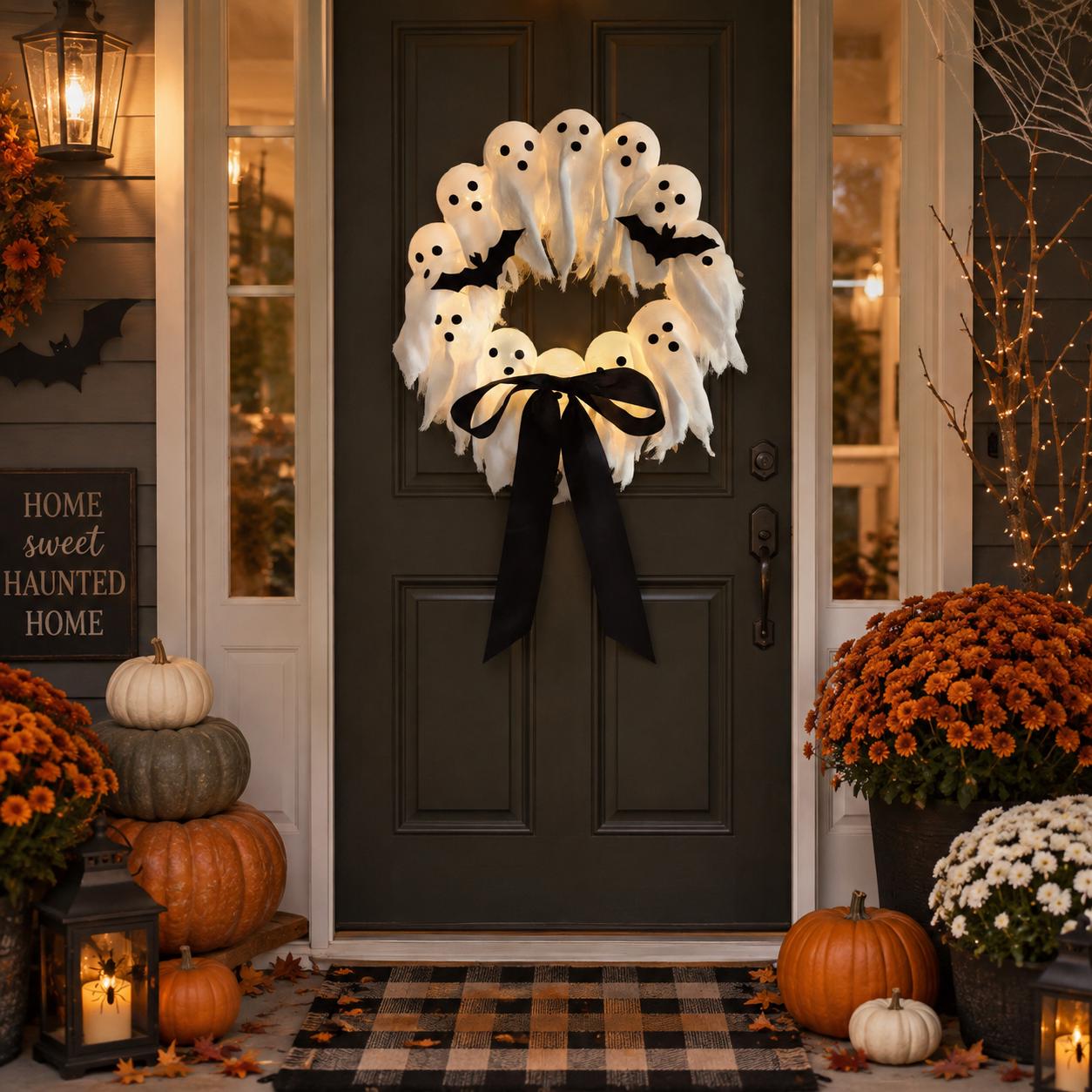 Lighted Ghost Wreath Halloween Door Decor
