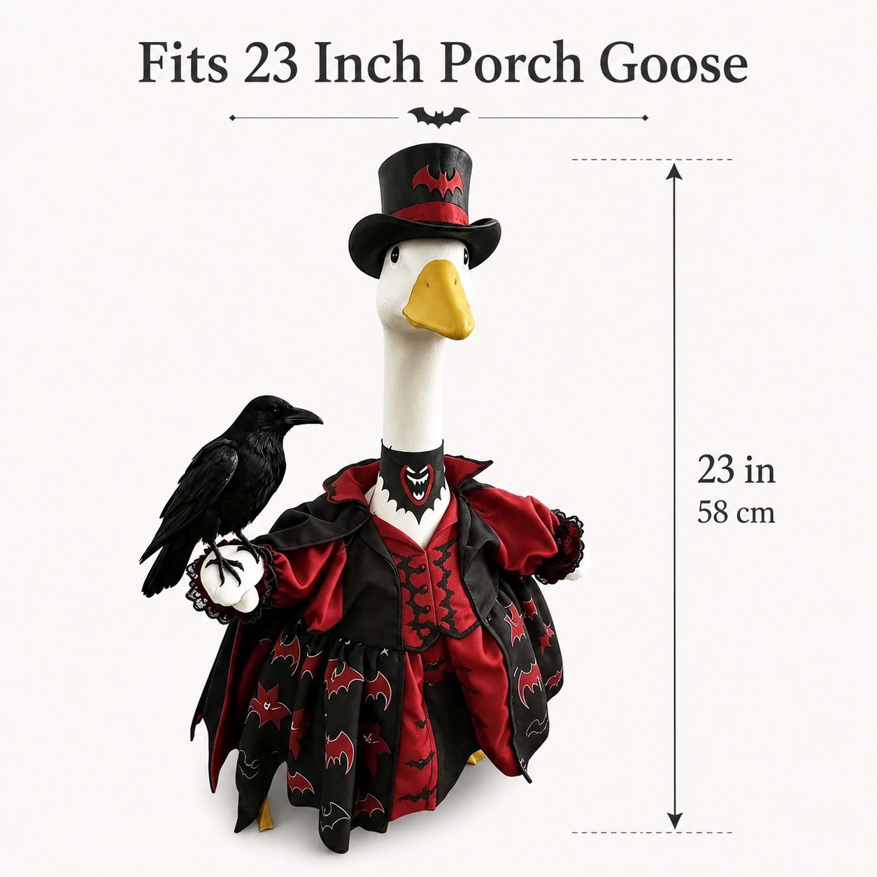 Gothic Vampire Goose Halloween Porch Decor, Goose Statue in Bat Embroidered Victorian Gown with Top Hat & Raven Companion, Dark Academia Halloween Front Door Ornament