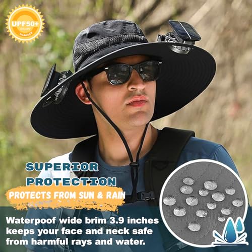 Solar Fan Sun Hat, Wide Brim UPF 50+ Cooling Hat with 2 Solar & USB Powered Fans, Camo Bucket Hat for Outdoor Fishing Hiking Camping, Gray