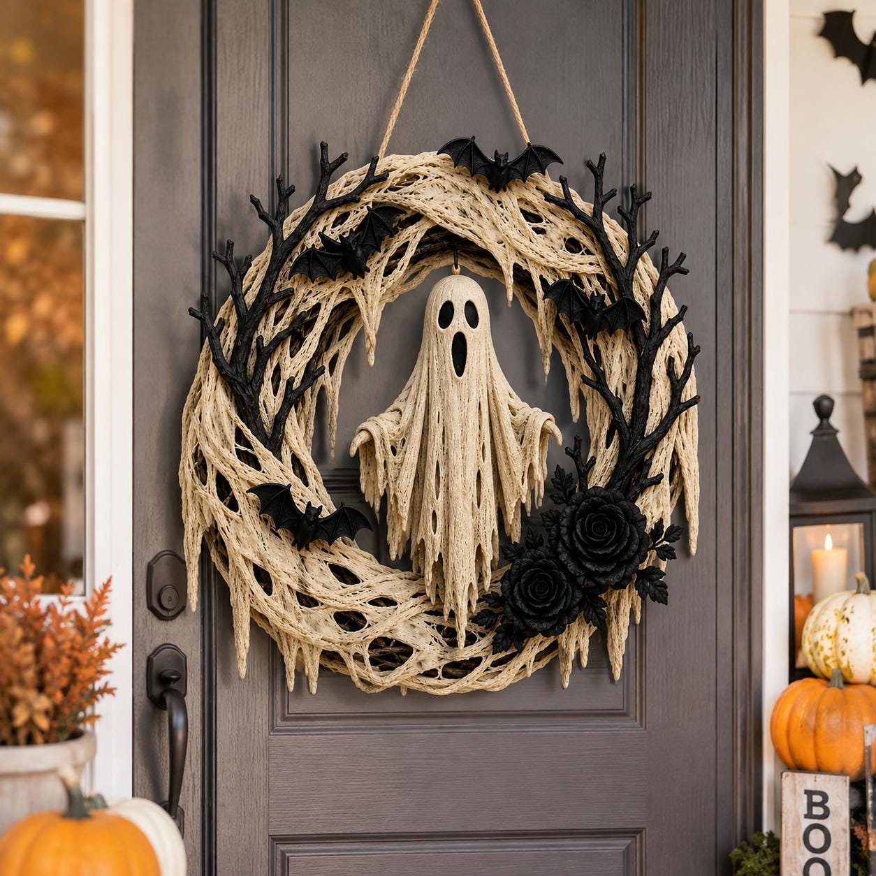 Halloween Ghost Wreath – Spooky Bat & Black Rose Front Door Decoration