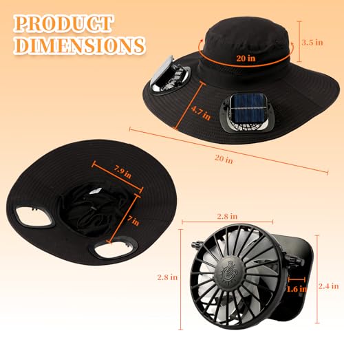 Solar Fan Sun Hat, UPF 50+ Wide Brim Cooling Hat with Solar/USB Fans for Men, Black