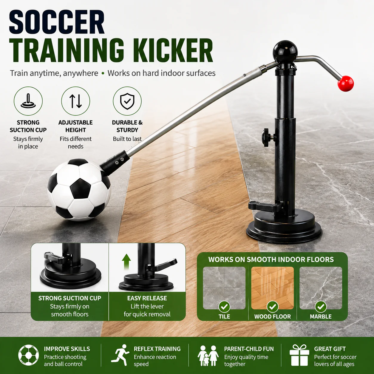 Kids Soccer Training Kicker, Adjustable Height Ball Control Trainer with Strong Suction Cup