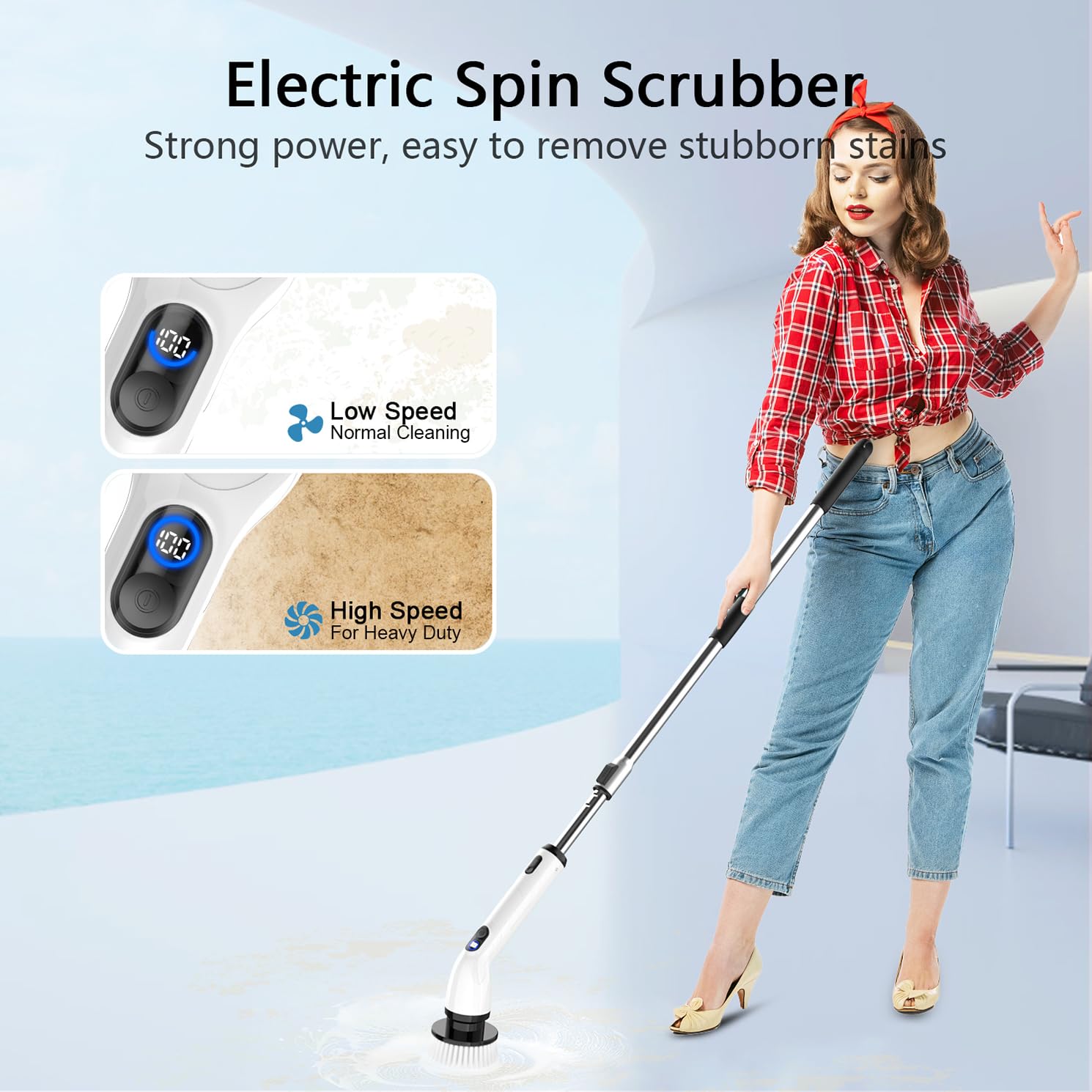 Electric Spin Scrubber, Cordless Cleaning Brush with Extendable Handle & 4 Brush Heads, Waterproof Power Scrubber for Bathroom Kitchen Tile