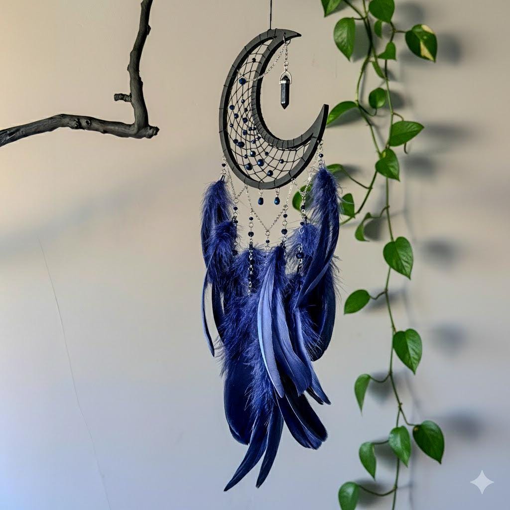 Black Moon Dreamcatcher with Dark Blue Feathers & Crystal Pendant