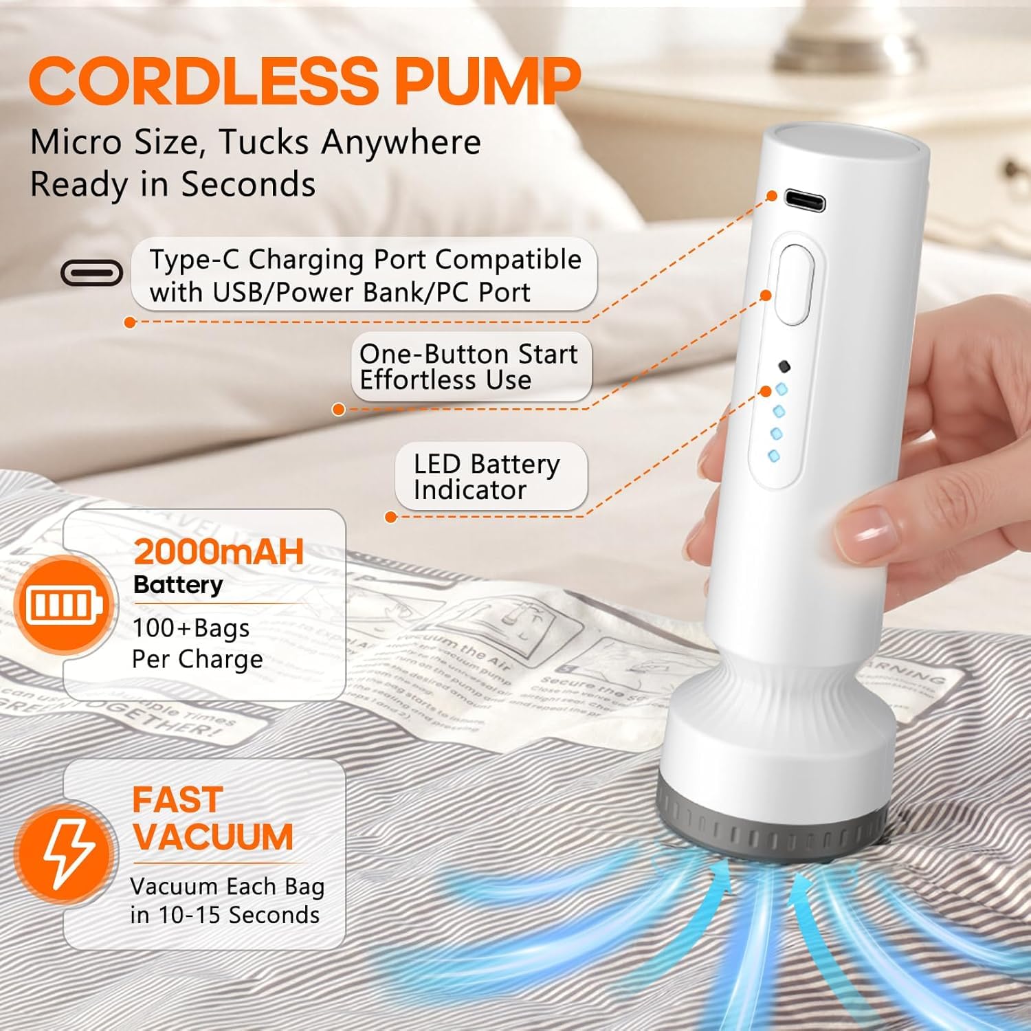 Rechargeable Handheld Clothes Steamer, Portable Travel Garment Steamer with 3 Sizes Vacuum Storage Bags