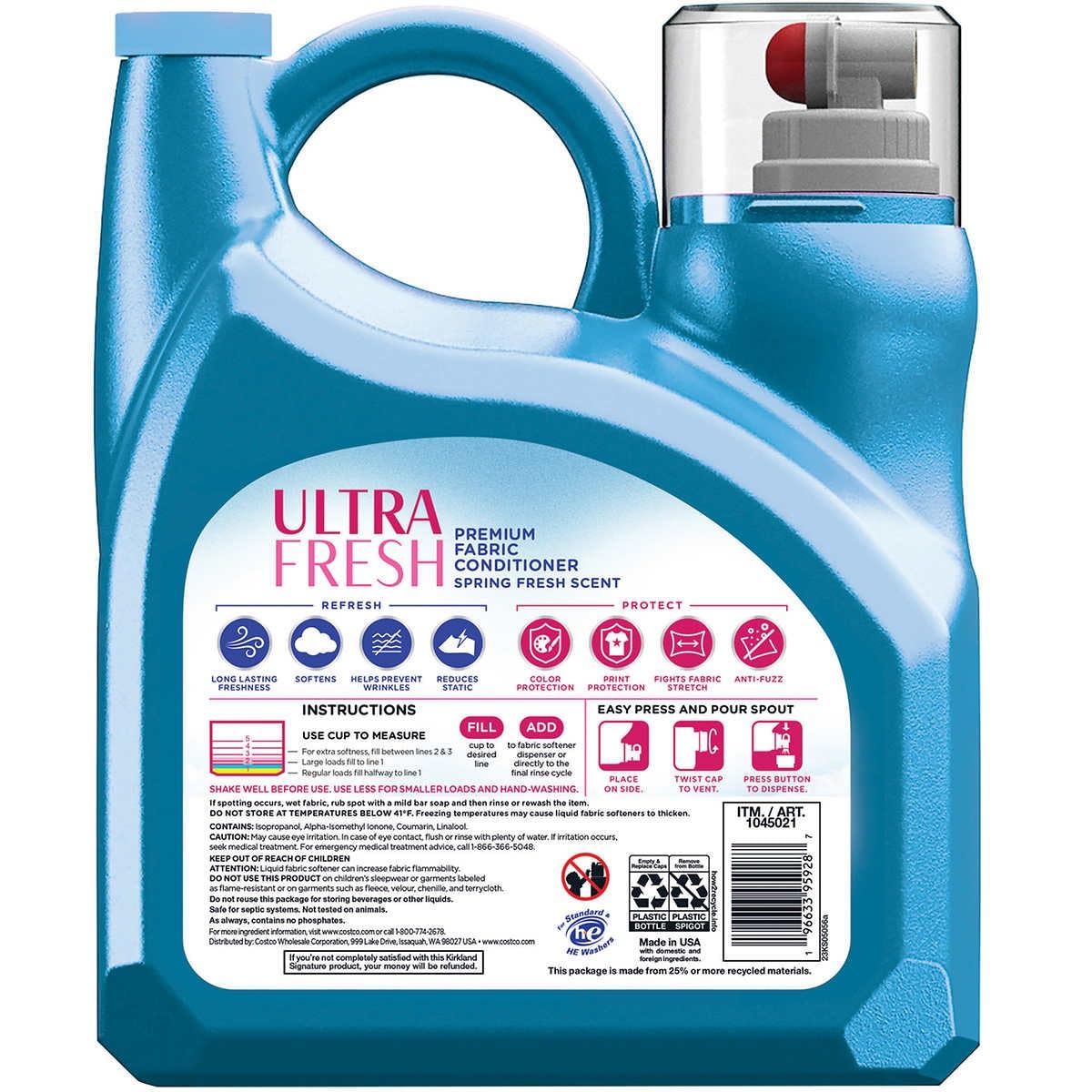 Kirkland Signature Ultra Fresh Fabric Conditioner, Spring Fresh Scent Odor Eliminating Fabric Softener for Laundry, 187 FL OZ / 5.53L, 276 Loads