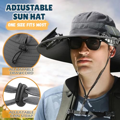 Solar Fan Sun Hat, Wide Brim UPF 50+ Cooling Hat with 2 Solar & USB Powered Fans, Camo Bucket Hat for Outdoor Fishing Hiking Camping, Gray