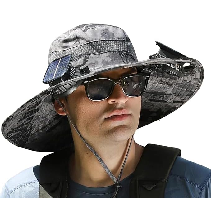 Solar Fan Sun Hat, Wide Brim UPF 50+ Cooling Hat with 2 Solar & USB Powered Fans, Camo Bucket Hat for Outdoor Fishing Hiking Camping, Gray