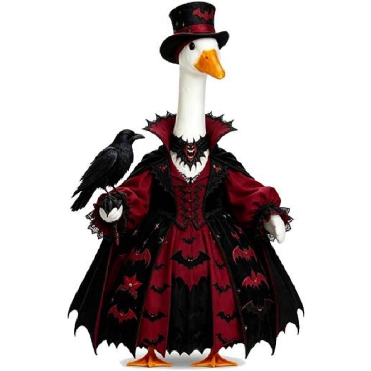 Gothic Vampire Goose Halloween Porch Decor, Goose Statue in Bat Embroidered Victorian Gown with Top Hat & Raven Companion, Dark Academia Halloween Front Door Ornament