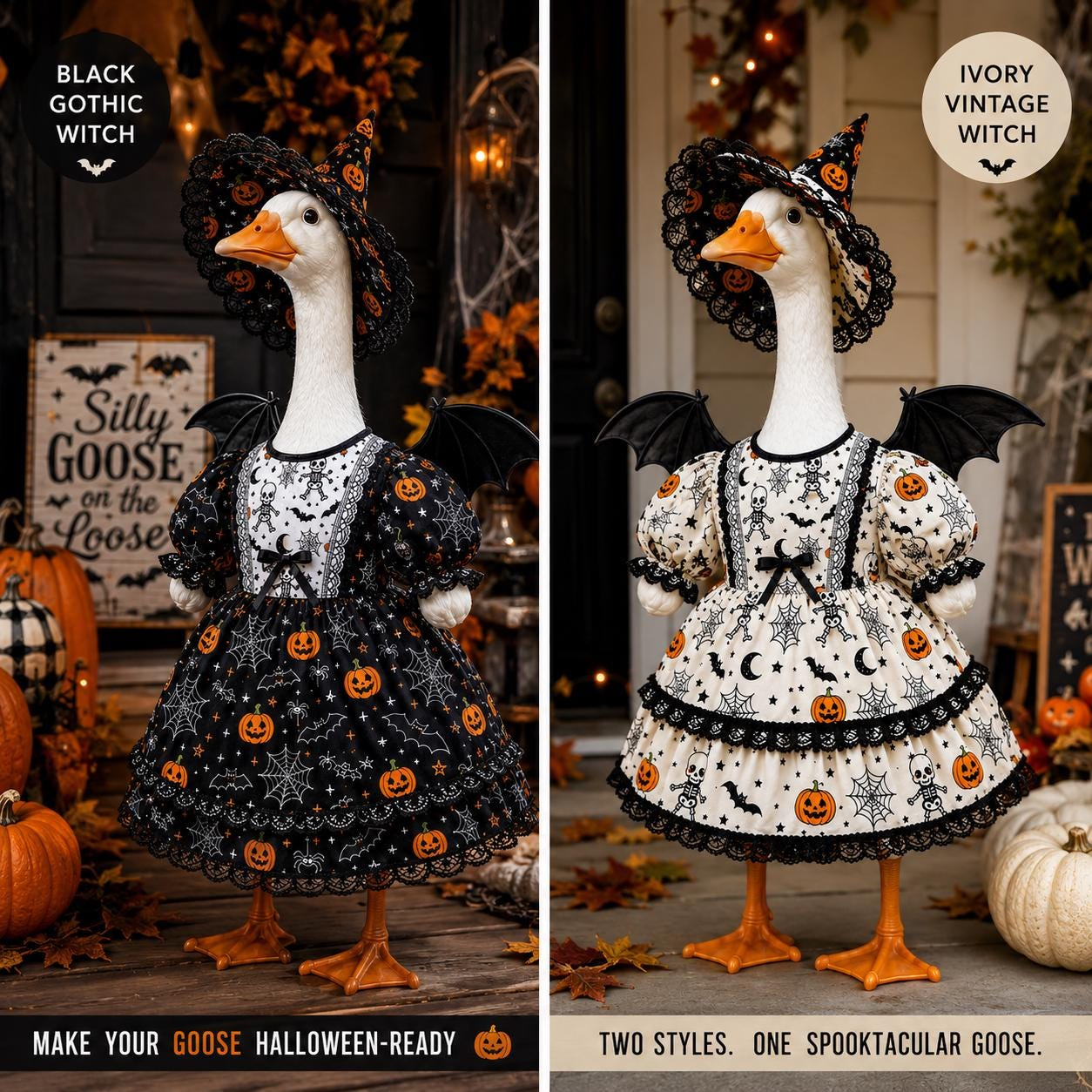 Witch Goose Statue with Bat Wings | Pumpkin Lace Halloween Porch Decor