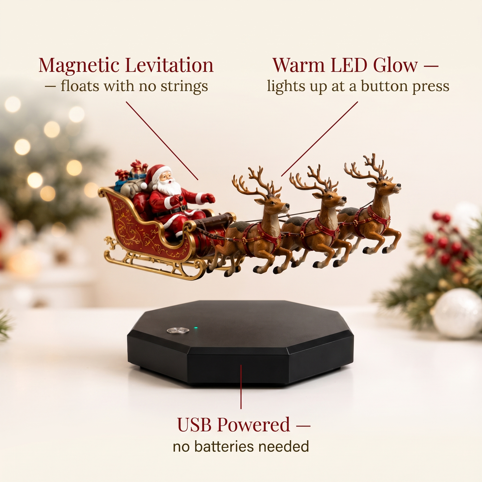 3D Christmas Sleigh Night Light – Flying Santa & Reindeer Illusion Lamp with LED Display Base