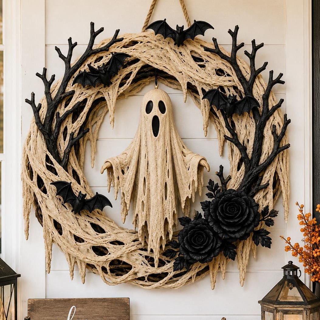Halloween Ghost Wreath – Spooky Bat & Black Rose Front Door Decoration