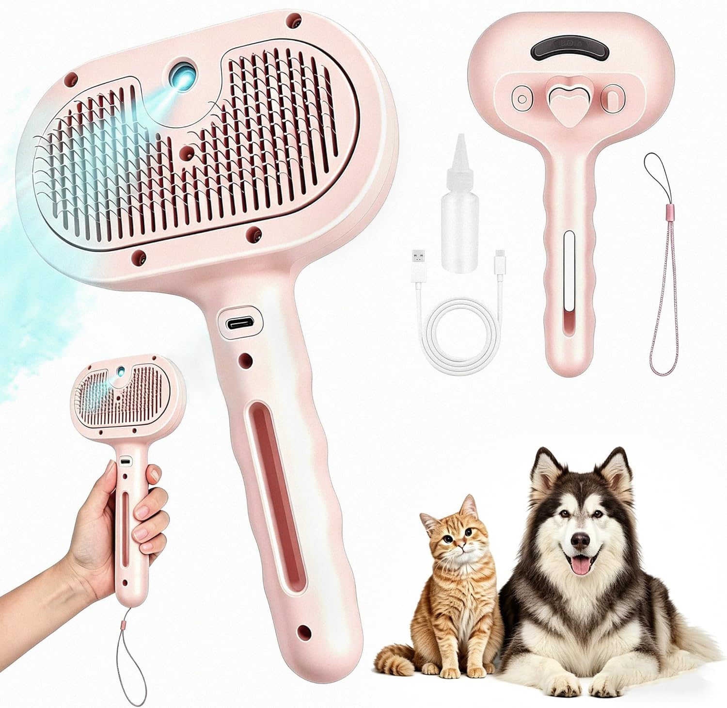 3‑in‑1 Pet Steam Brush, Self‑Cleaning Dog Cat Grooming Comb for Loose Hair Removal