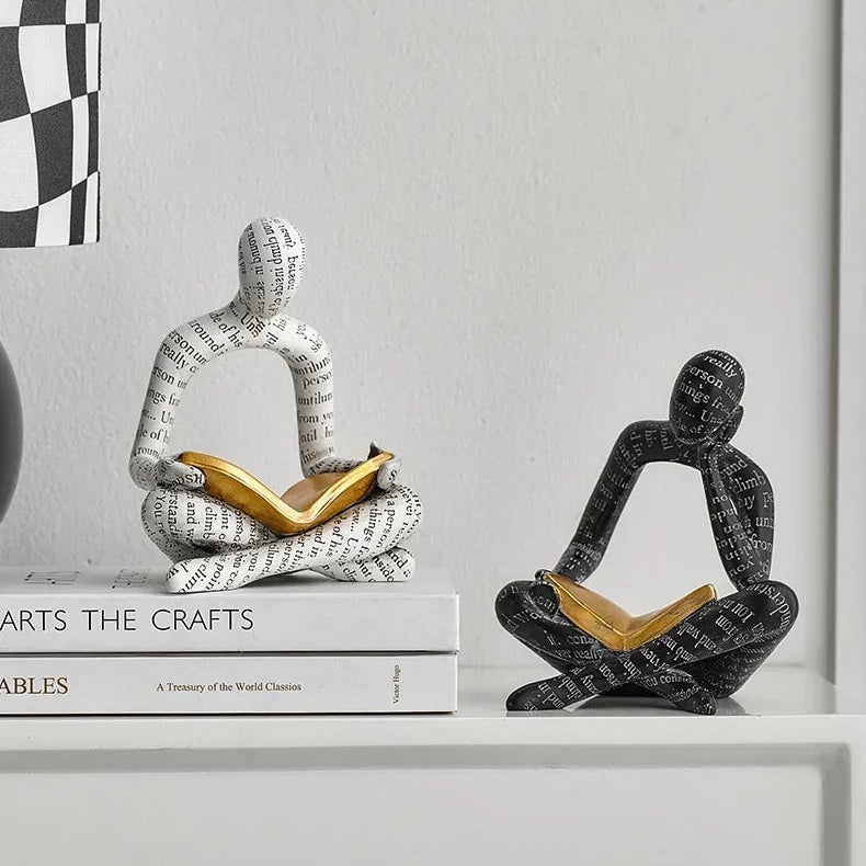 Reading Thinker Resin Statue Book Text Decor Sculpture