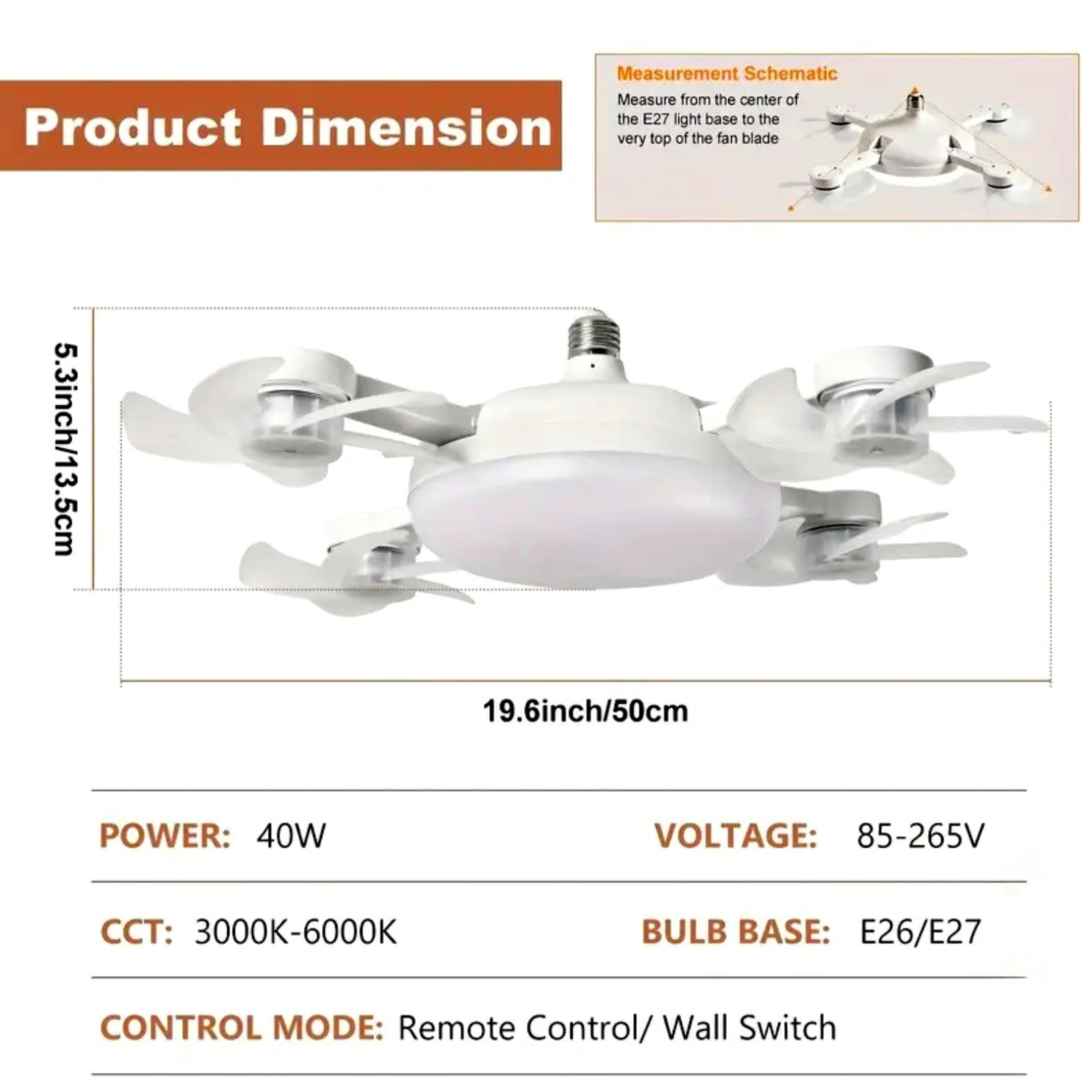 4 Heads Drone Socket Fan Light, E26/E27 Screw in Ceiling Fan with Remote, Dimmable LED Quiet Multi-Directional Fan Lamp for Bedroom Garage