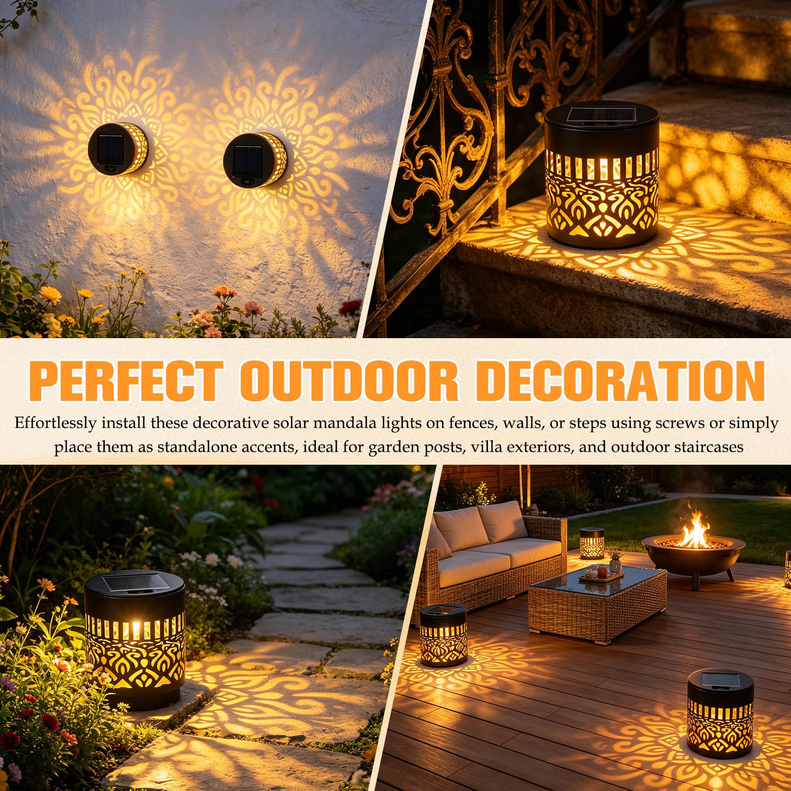 Solar Hanging Lanterns, Metal Cutout Solar Outdoor Lights, Waterproof Decorative Projection Lights for Patio Garden